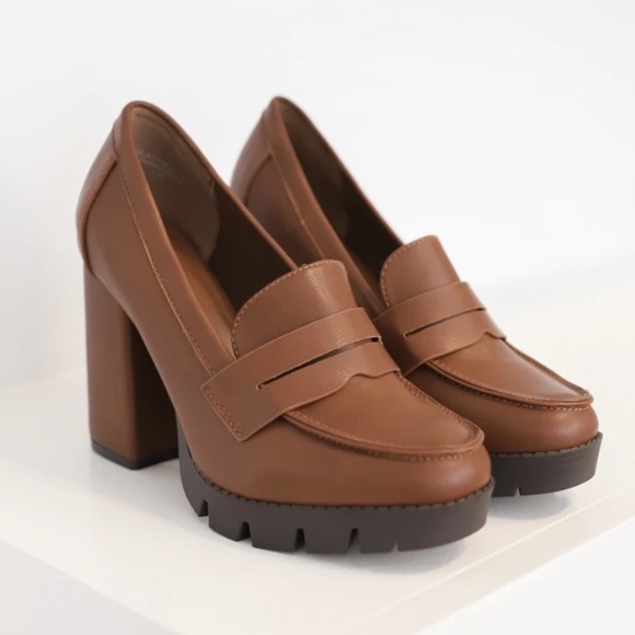 Lug Sole Tan High Heel Platform Penny Loafer - Picture 7 of 14